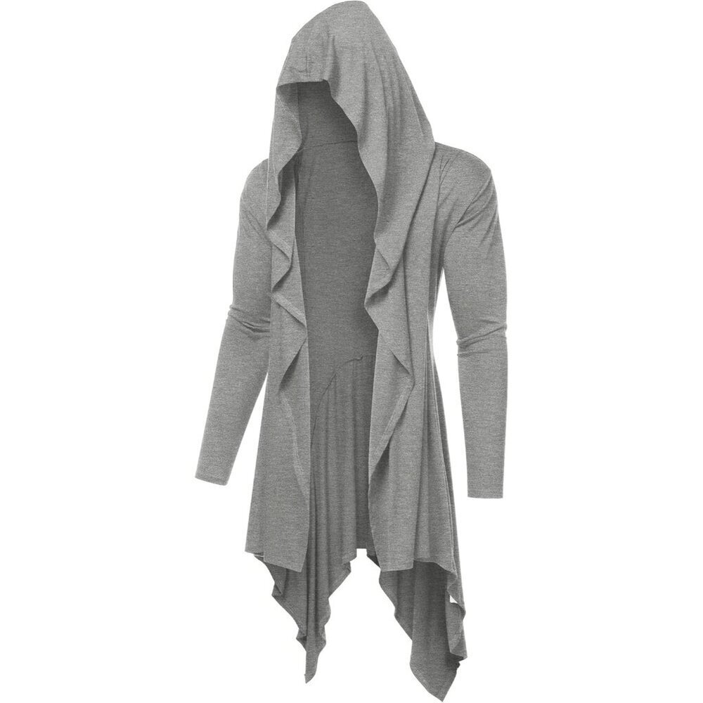 Men's Light Grey Long Hooded Cardigan Ruffle Shawl Collar Lightweight Overcoat